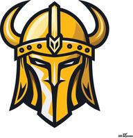 A fierce and bold warrior helmet logo design featuring a yellow and black color scheme vector