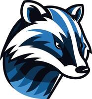 A bold and dynamic illustration of a badger's head, rendered in blue and black vector