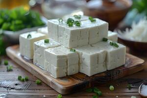 Fresh Tofu Blocks Garnished with Green Onions in a Rustic Kitchen Setting photo
