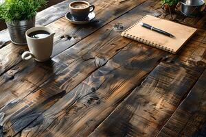 Rustic Workspace with Coffee, Notebook, Pen, and Greenery on Wooden Table - Idea for Home Office Design photo