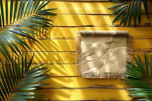 Tropical Summer Design for Posters and Invitations with Yellow Wooden Background and Palm Leaves photo