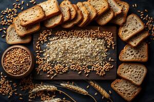 Variety of Bread Slices with Wheat Grains and Oats on Dark Rustic Background photo