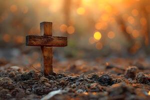 Rustic Wooden Cross in Sunset Glow - Spiritual Symbolism and Peaceful Nature Scene for Easter Reflection photo