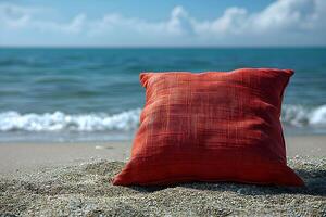 Serene Beach Scene with Red Pillow on Sandy Shore Relaxation, Tranquility, Summer Vacation Concept for Posters, Prints photo