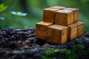 Wooden Cube Puzzle on Mossy Tree Stump in Lush Forest Setting photo