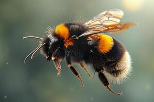 Detailed Macro Shot of Vibrant Bumblebee in Flight for Nature Photography and Educational Illustrations photo