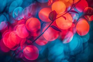 Abstract Nature Background with Vibrant Circular Bokeh and Leaf Branches - Ideal for Design and Posters photo
