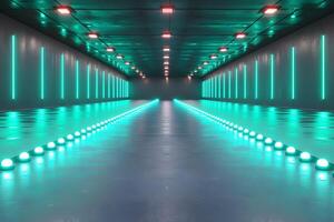 Futuristic Neon Tunnel with Glowing Floor and Wall Lights for Sci-Fi Design and Digital Art photo