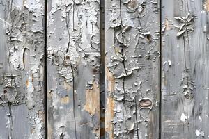 Weathered Wooden Fence Texture with Peeling Gray Paint for Rustic Design and Backgrounds photo