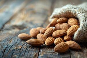 Rustic Burlap Sack of Almonds on Wooden Table for Natural Food and Diet Concepts photo