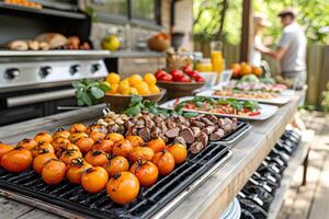 Outdoor Summer BBQ Feast with Fresh Vegetables and Grilled Meats - Perfect for Backyard Gatherings and Summer Parties photo