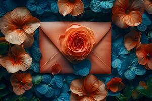 Romantic Floral Greeting Card Design with Orange Rose and Fresh Blue Flowers for Spring and Summer Occasions photo