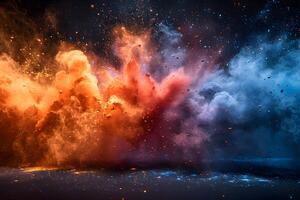 Vibrant Explosion of Colorful Dust Particles in Dark Background Abstract Art for Design, Print, and Posters photo