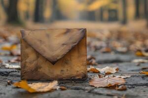 Vintage Envelope on Cobblestone Path in Autumn Forest - Nostalgic Fall Scene for Print, Card, Poster photo