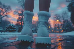 Winter Walk at Sunset Close-Up of Boots on Snowy Path, Scenic Wintertime Evening in the Park photo