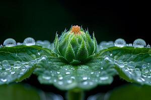 Macro Photography of Dew-Covered Green Flower Bud for Nature and Botanical Art Design photo