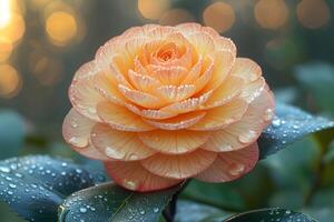 Close-Up of Dew-Kissed Camellia Flower with Bokeh Background for Nature Prints and Posters photo