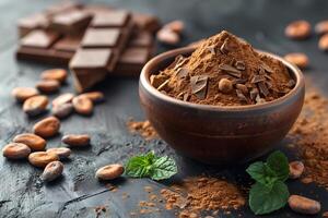 Cocoa Powder in Wooden Bowl with Cocoa Beans and Chocolate Blocks for Culinary Use photo