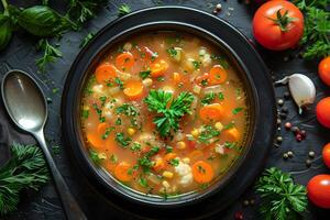 Healthy Homemade Vegetable Soup Recipe with Fresh Carrots, Tomatoes, and Parsley Garnish - Perfect for Autumn Meals and Comfort Food photo