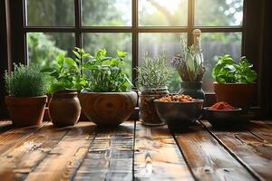 Rustic Indoor Herb Garden Display with Sunlight for Home Gardening Enthusiasts photo