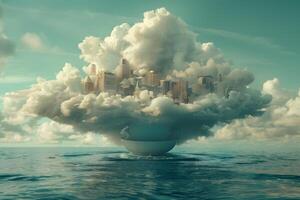 Dreamlike Cityscape in the Sky with Clouds and Floating Teacup on Ocean Horizon photo