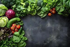 Fresh Organic Vegetables Assortment on Dark Rustic Background for Healthy Eating, Nutrition Concept, Design for Card, Poster. photo