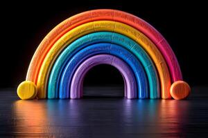 Vibrant Wooden Rainbow Toy on Reflective Surface - Children's Playroom Decor, Montessori Learning Tools, and Colorful Playset photo