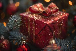 Festive Christmas Gift Box with Ribbon in Holiday Tree Setting for Seasonal Greeting Card Designs photo