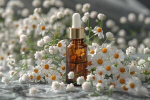 Essential Oil Dropper Bottle with Chamomile Flowers - Aromatherapy Concept for Natural Skincare and Relaxation photo