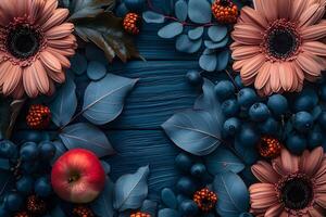 Autumn Fruits and Flowers Composition with Apple, Blueberries, and Gerbera Daisies on Wooden Background photo