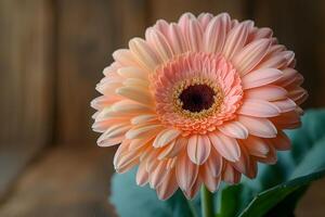 Close-up of Peach Gerbera Daisy Flower with Soft Lighting on Wooden Background - Perfect for Floral Art and Home Decor photo