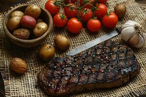 Grilled Steak with Peppercorn, Cherry Tomatoes, and Baby Potatoes on Burlap for Rustic Culinary Design photo