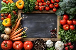 Fresh Organic Vegetables Frame with Rustic Chalkboard for Farm-to-Table Recipes and Healthy Eating photo
