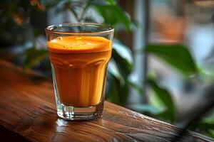 Fresh Carrot Juice in a Glass, Healthy Refreshment on Wooden Table with Green Plants in Background photo