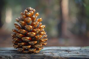 Autumn Pine Cone on Weathered Wood with Soft Background Bokeh for Nature and Seasonal Themes photo