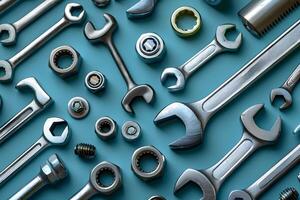 Assorted Wrenches, Nuts, and Bolts on a Blue Background for Industrial Design and Workshop Tools Concept photo