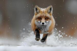 Red Fox Running through Snow - Wildlife Photography, Winter Nature Scene, Animal Behavior photo