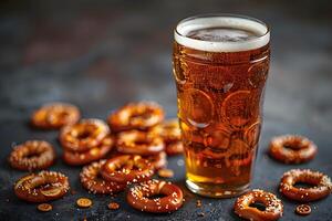 Delicious Craft Beer and Pretzels on Rustic Table Perfect for Oktoberfest and Beer Tasting Events, Ideal for Social Media Posts, Menus, and Advertisements photo