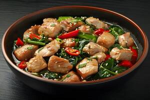 Freshly Cooked Chicken Stir-Fry with Spinach and Red Peppers in a Black Bowl for Healthy Eating and Asian Cuisine Design photo