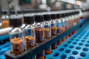 Laboratory Vials with Various Samples on a Conveyor Belt - Quality Control in Food Testing photo