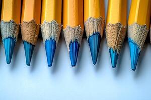 Creativity and Uniqueness with Blue Tipped Yellow Pencils - Artistic Concept for Design and Education photo