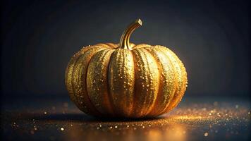 golden pumpkin. squash made of bright gold on a dark background. halloween and thanksgiving concept. High quality photo