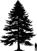 A striking silhouette of a towering evergreen tree, with a single figure standing beneath its branches vector
