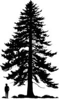 A striking silhouette of a tall pine tree against a white background, with a small figure for scale vector