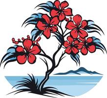 A vibrant illustration of a stylized tropical tree with large red flowers blooming against a blue ocean background vector