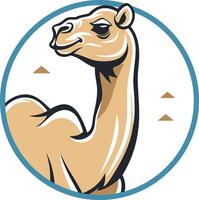 A bold, cartoon-style camel illustration set in a circular frame vector