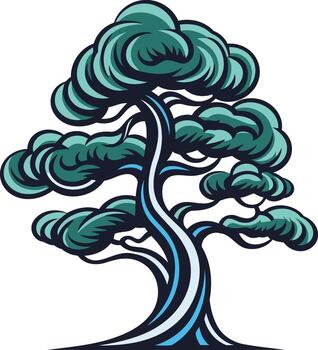 A stylized cartoon illustration of a bonsai tree with swirling branches and a unique blue trunk, perfect for adding a touch of nature to your design projects vector