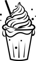 A simple, bold line drawing of a milkshake with whipped cream and a straw vector