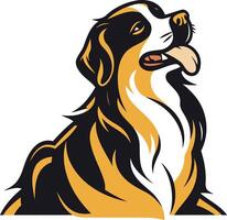 A stylized bernese mountain dog, looking up and howling, in a bold black, white, and gold color scheme vector