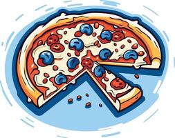 A cartoon pizza with a slice removed, topped with melted cheese, red sauce, and blueberries vector